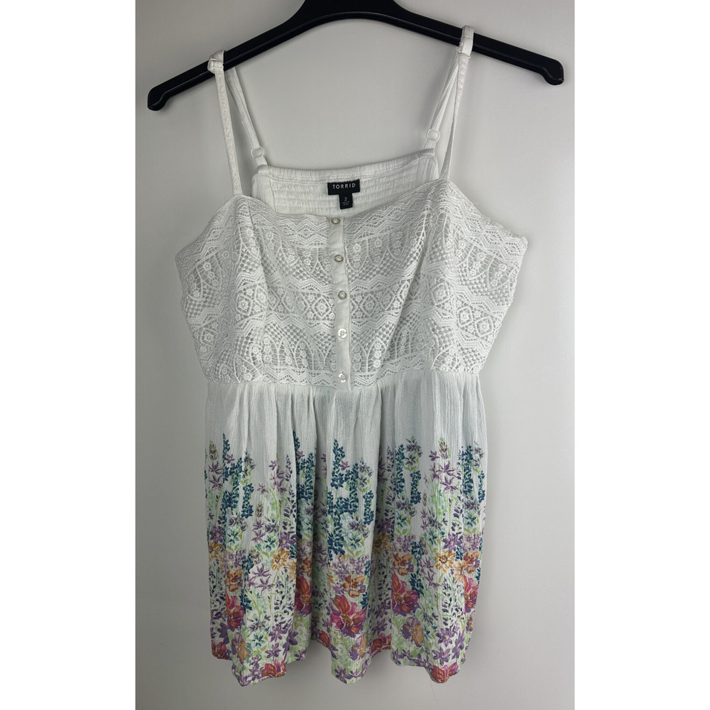 Torrid Babydoll Gauze Crochet Trim Cami White Floral Sleeveless Plus Size 2 2X - Picture 2 of 12